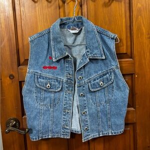 Vintage Denim Vest with Red Embroidered Hearts